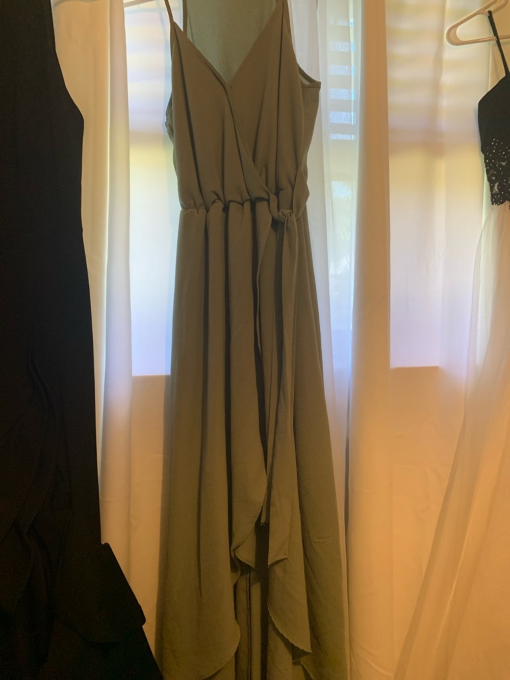 Olive Green Asymmetrical Wrap Maxi Dress with Spaghetti Straps